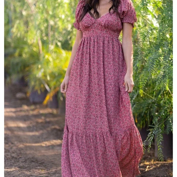 Pink Blush, Pink Floral Puff Sleeve Maxi Dress - Picture 2 of 2